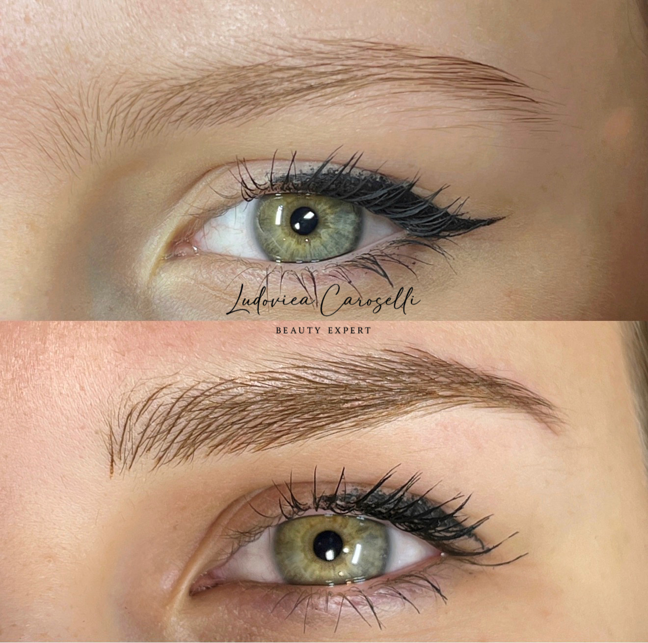 Dettaglio di sopracciglia prima e dopo microblading